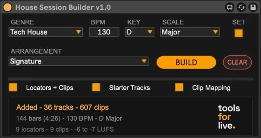 House Session Builder after a build: Added - 36 tracks - 607 clips