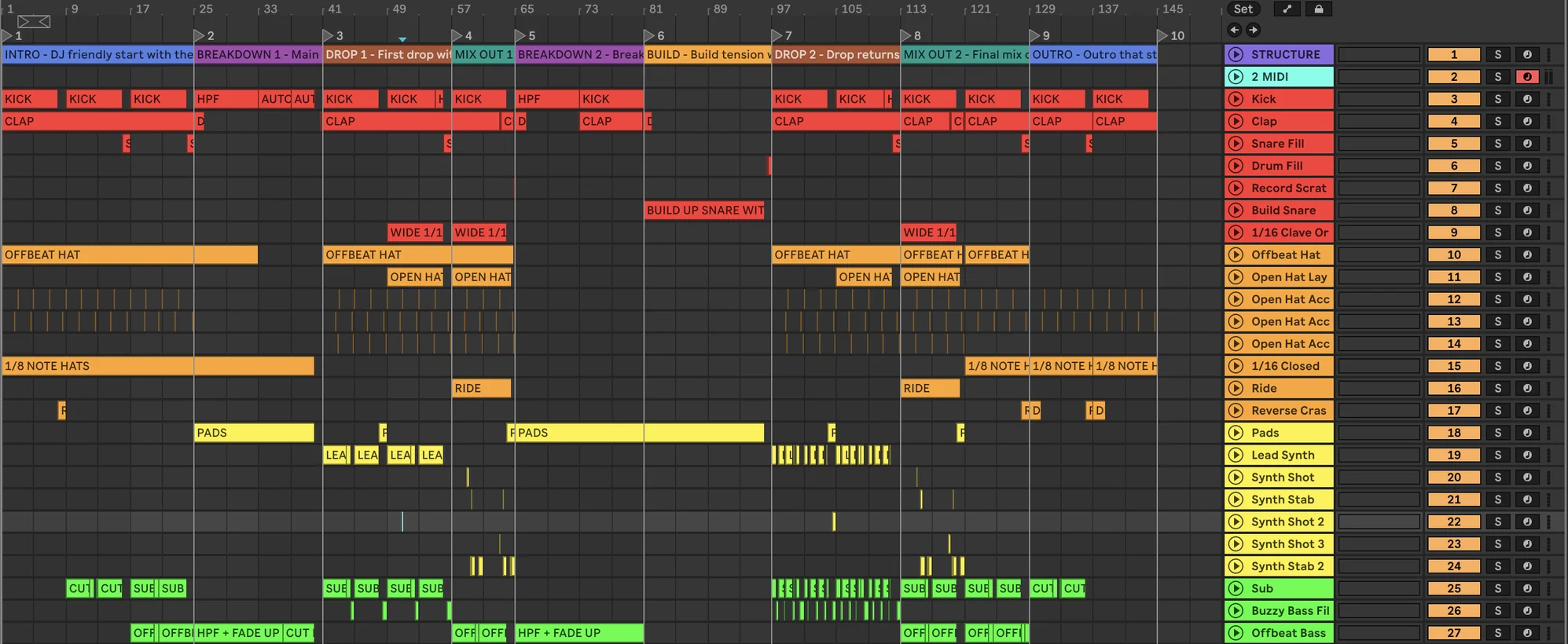 Ableton Live arrangement after BUILD with Tech House Signature: named locators, section clips and mapped tracks across 144 bars