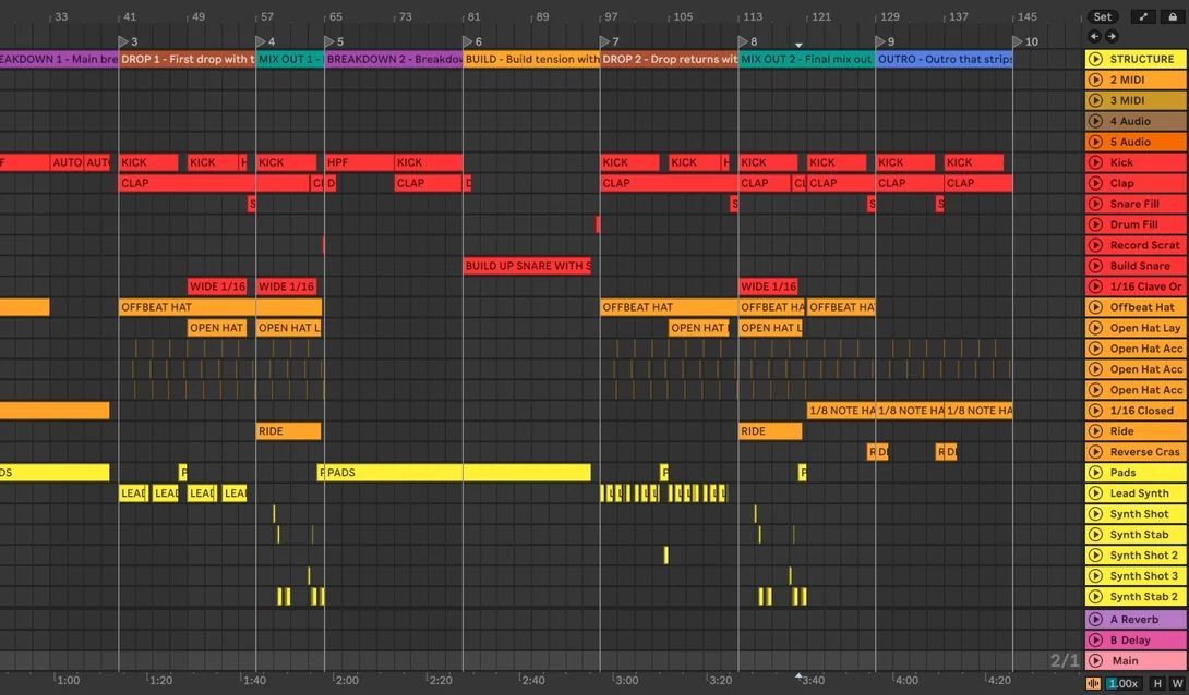 An empty Live Set after BUILD of Tech House Signature with Clip Mapping: named section locators and tracks with named clips placed bar by bar