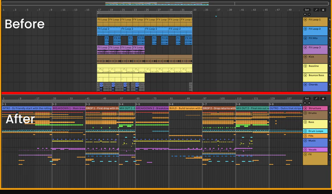 A 16-bar loop before and after the Tech House Signature arrangement is built