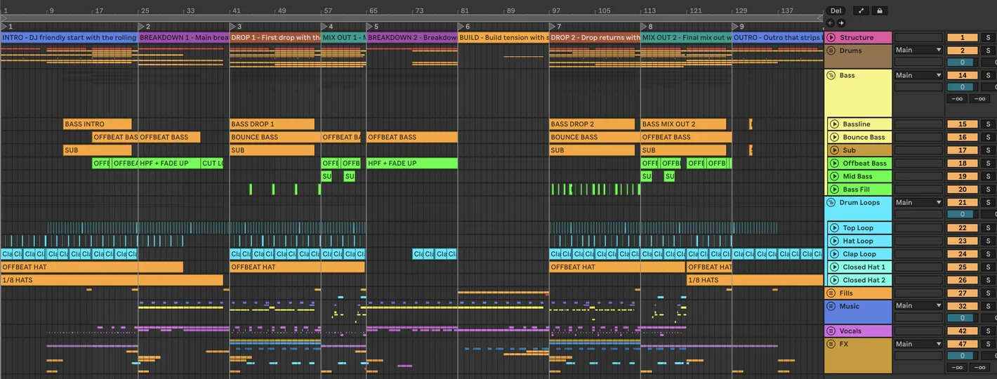 Full House arrangement after BUILD (Tech House Signature), the loop's parts arranged into groups under named section locators