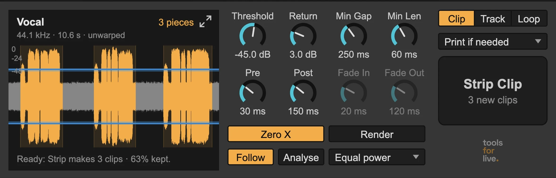 The Silence Stripper device in Live: the waveform display with Vocal, three orange pieces and the threshold line, Threshold, Return, Min Gap, Min Len, Pre, Post and fade knobs, Zero X, Render, and the Strip Clip button