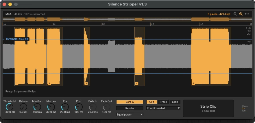 The Silence Stripper editor window in Live: zoom, a bar ruler, numbered pieces, the threshold line and every control in one row
